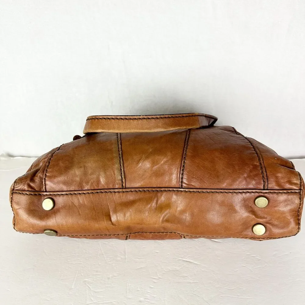 Fossil Fifty Four Vintage Leather Satchel Bag Purse Cognac Brown Y2K Key Charm